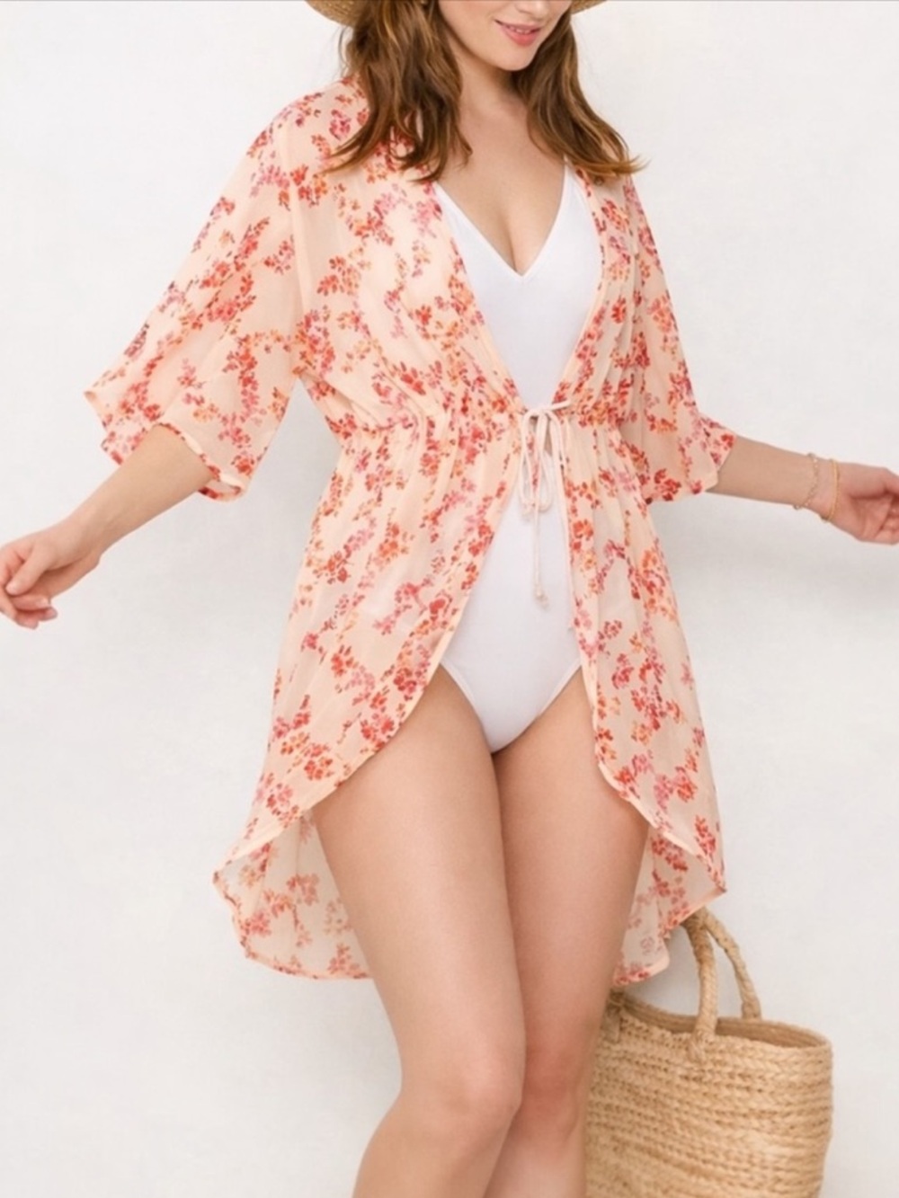 LC LAUREN CONRAD Floral Swim Cover Up Kimono Chiffon Beach Resort Tassel Tie OS